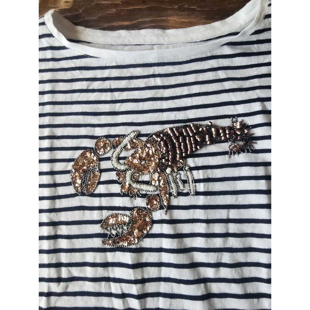 Talbots Womens Striped Long Sleeve Top Lobster Sequin Embellished Nautical S